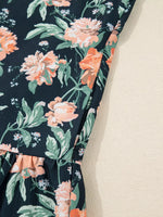 Floral Print Striped Trim V Neck Long Sleeve Ruffle Hem Shift Mini Dress