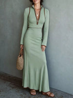 Full Size Contrast Trim Zip-Up Long Sleeve Knit Maxi Dress Plus Size