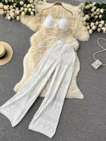 Crochet Knit Halter Neck Top and Wide Leg Pants Set