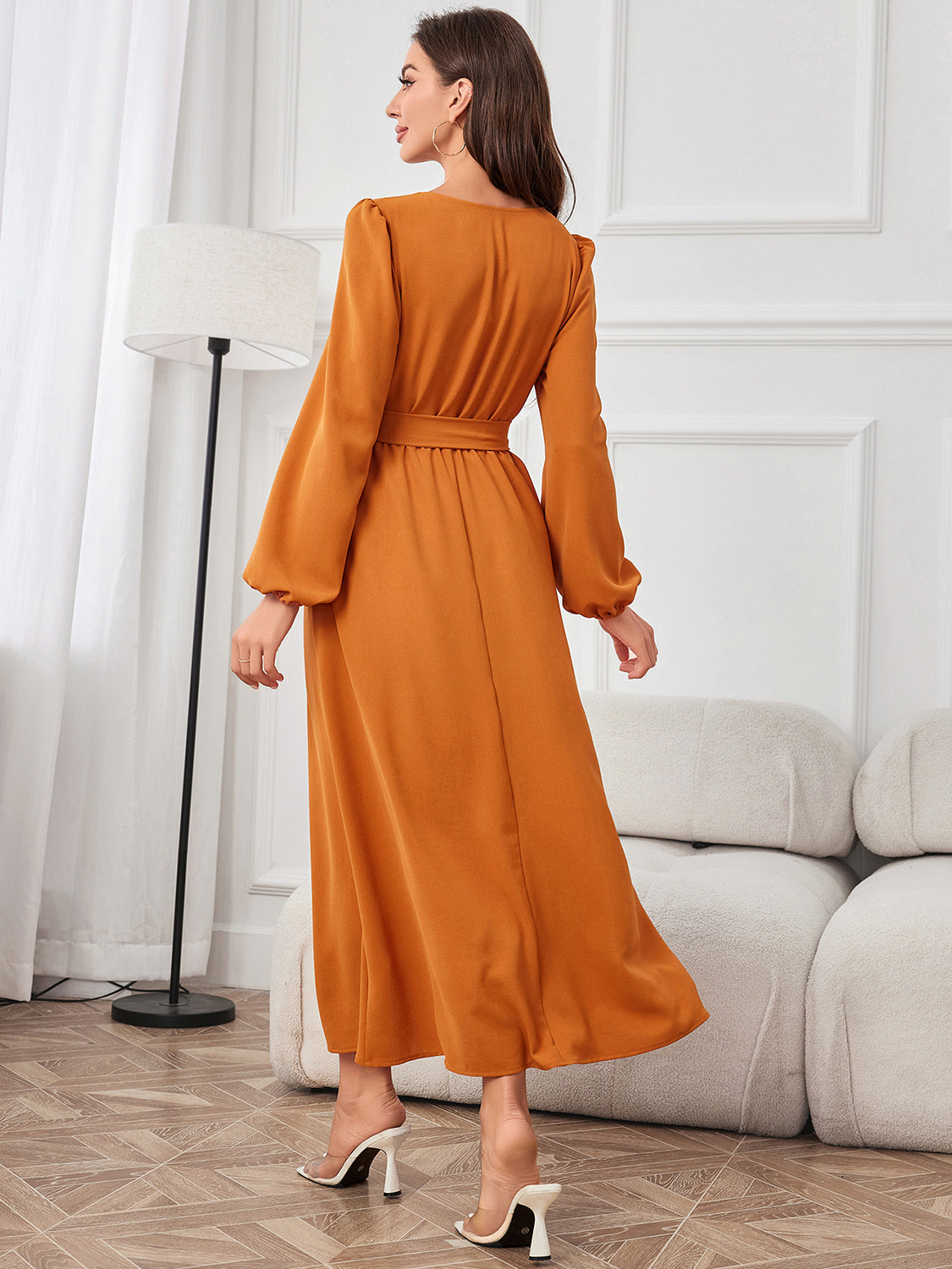 Tie Waist Puff Sleeve Maxi Dress - Ladyez
