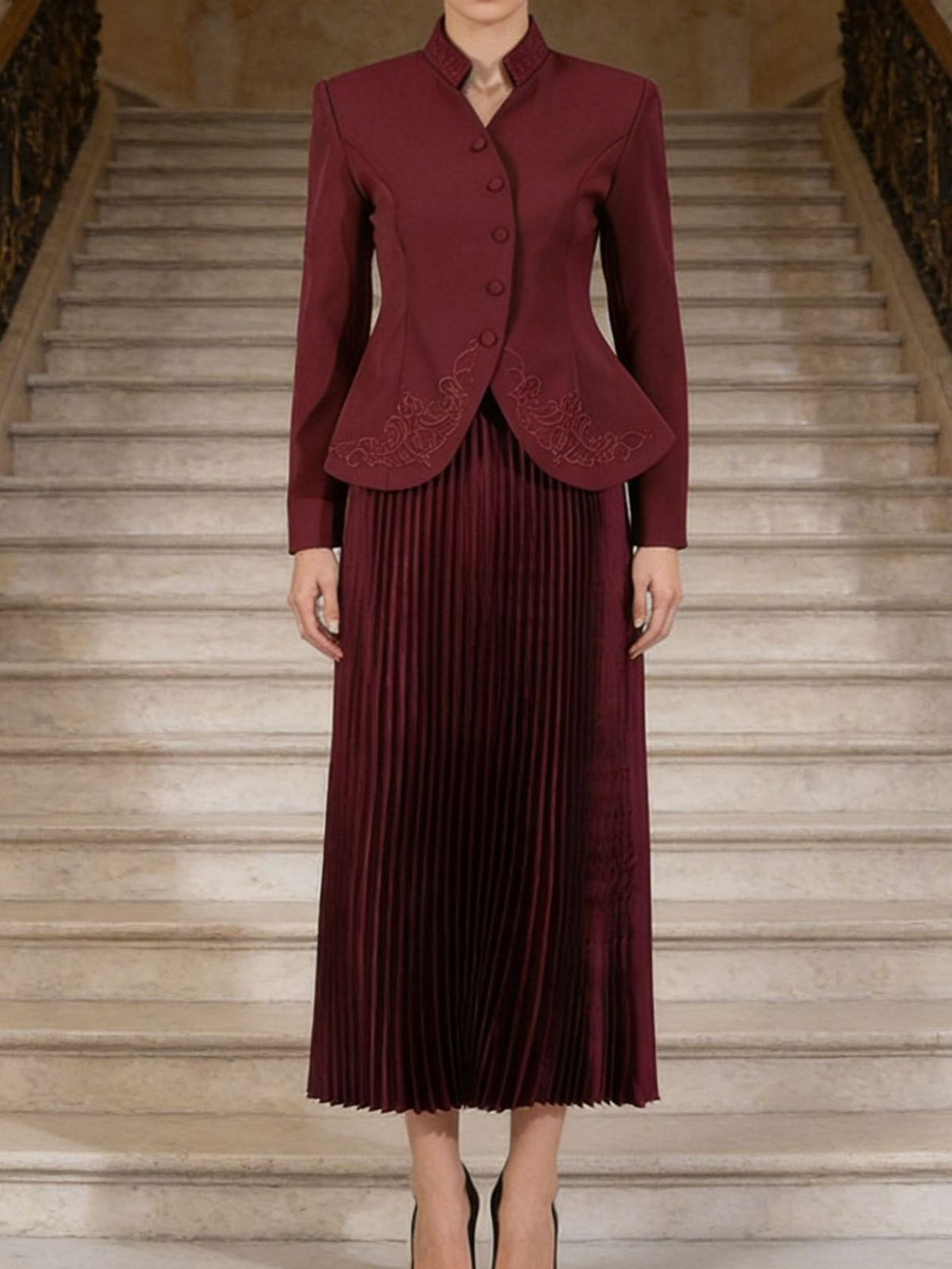 Button Up Long Sleeve Top and Pleated Skirt Set