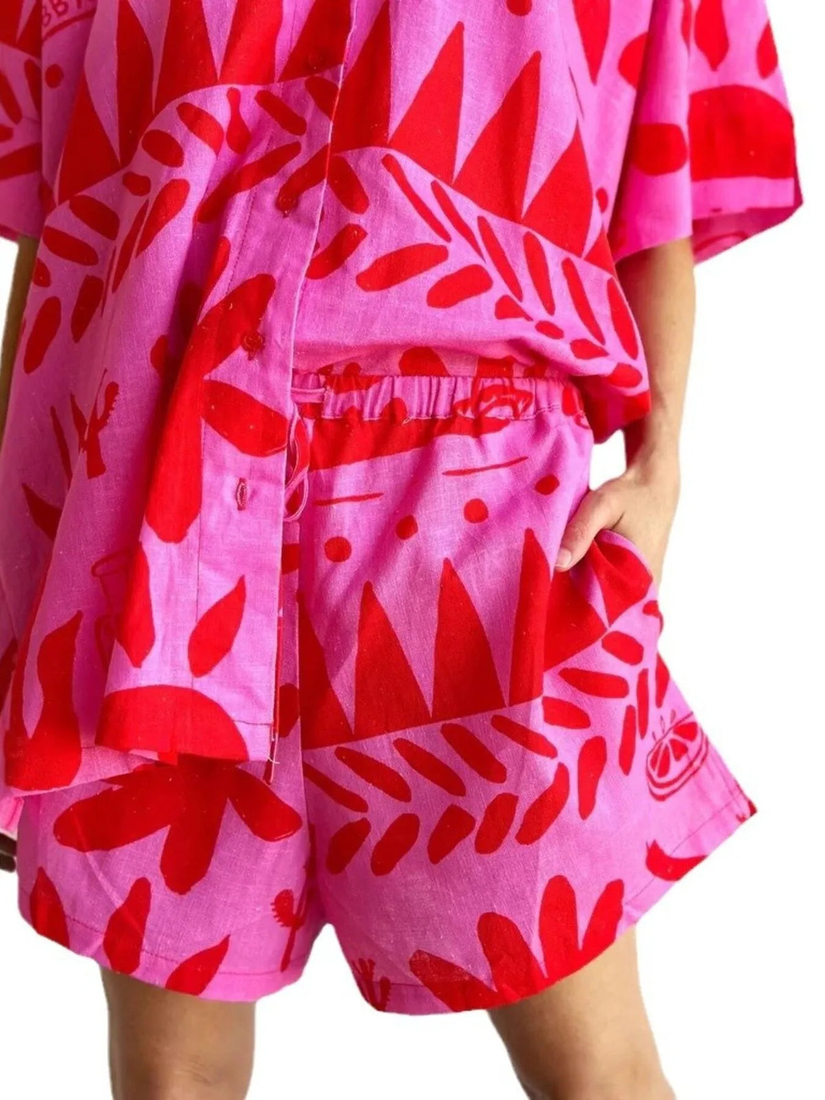 Printed Button Up Shirt and Shorts Set - Ladyez