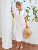 Slit Striped Notched Short Sleeve Cover Up - Ladyez