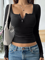 Ribbed Knit Lace Trim Long Sleeve T-Shirt