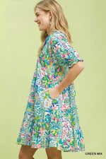 Umgee Mix Botanical Print Puff Sleeve Tiered Dress