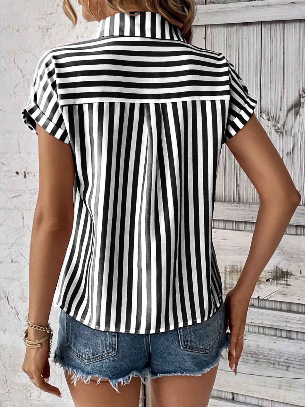 Striped Button-Up Short Sleeve Shirt with Pocket - Ladyez