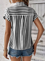 Striped Button-Up Short Sleeve Shirt with Pocket - Ladyez