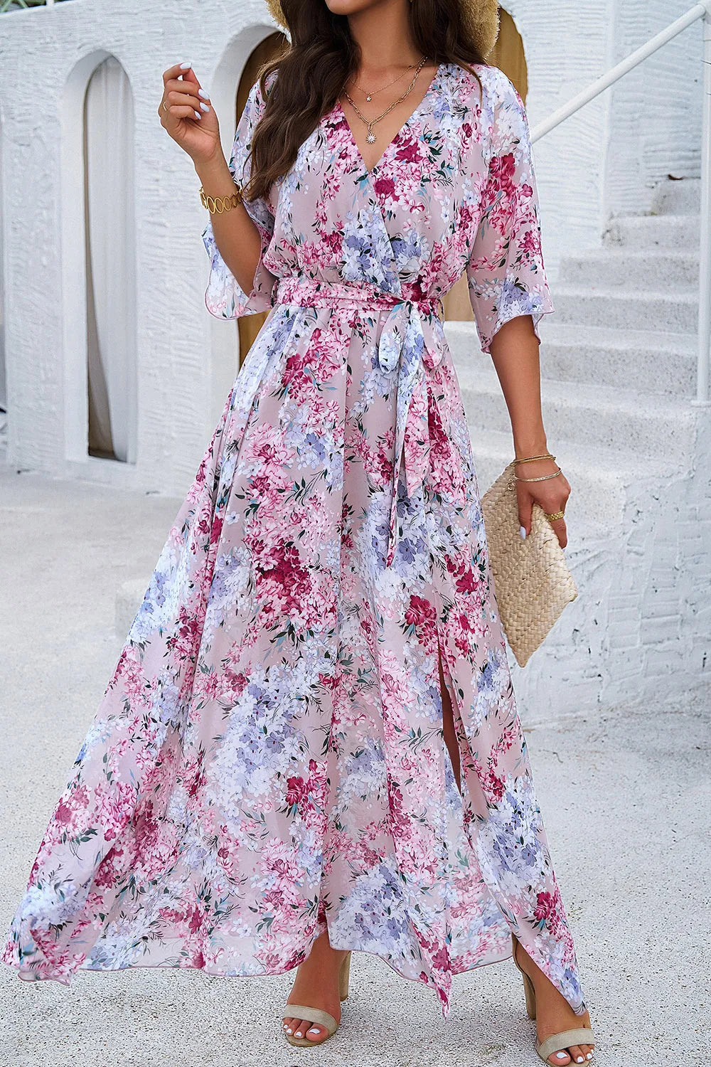Devine Printed Tied Half Sleeve Slit Dress - Ladyez