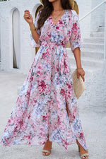 Devine Printed Tied Half Sleeve Slit Dress - Ladyez