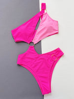 One-Shoulder Cutout Ring Detail One-Piece Swimsuit - Ladyez