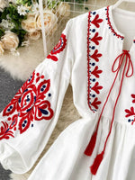 Embroidered Tie Neck Long Sleeve Dress