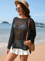Openwork Slit Boat Neck Long Sleeve Cover-Up - Ladyez