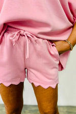 Scalloped V Neck Dolman Oversize Top Drawstring Short Set
