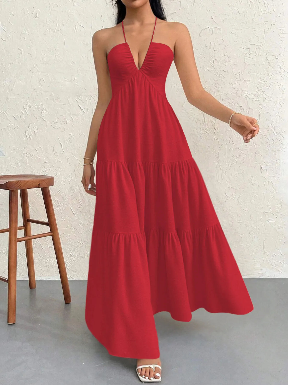Halter Neck Tiered Maxi Dress - Ladyez
