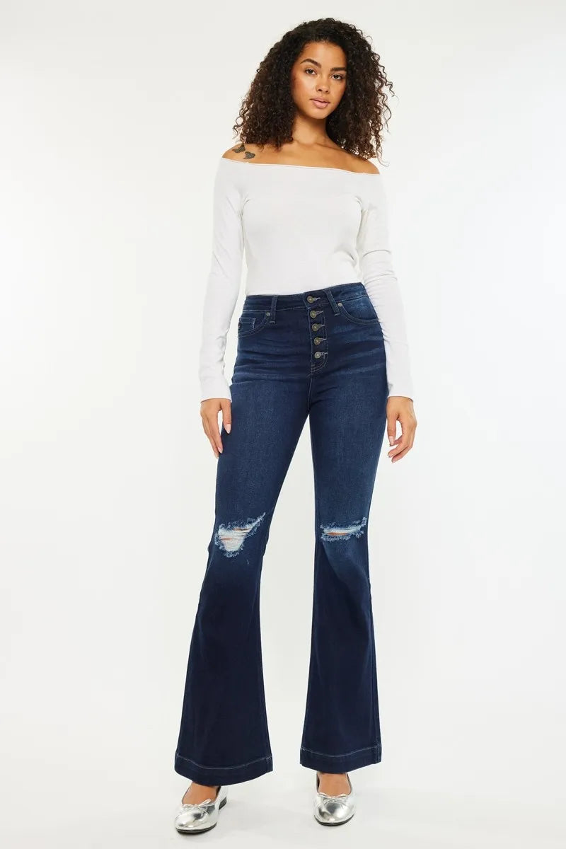 Kancan Button Fly High Rise Distressed Flare Jeans - Ladyez