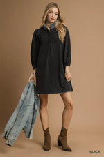 Umgee French Terry Balloon Sleeve Shift Dress with Leopard Print Detail