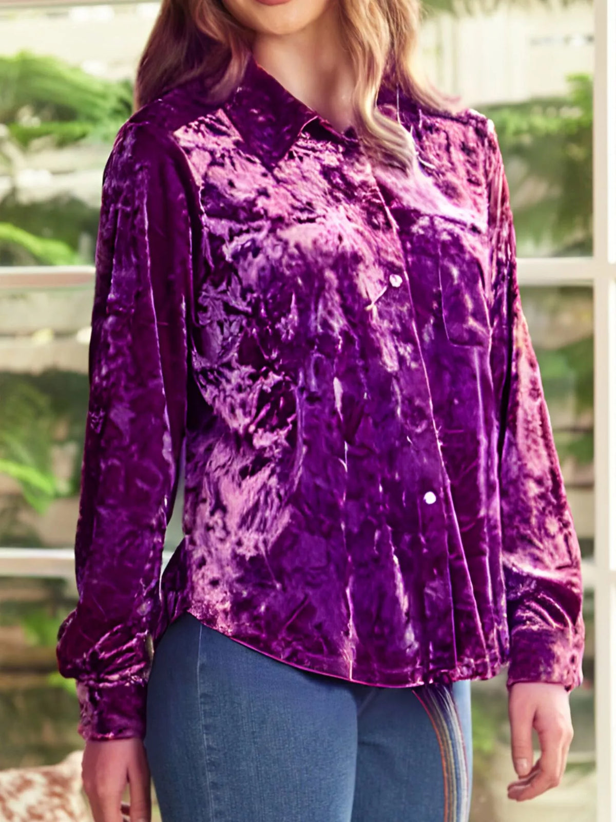 Velvet Button-Down Long Sleeve Shirt