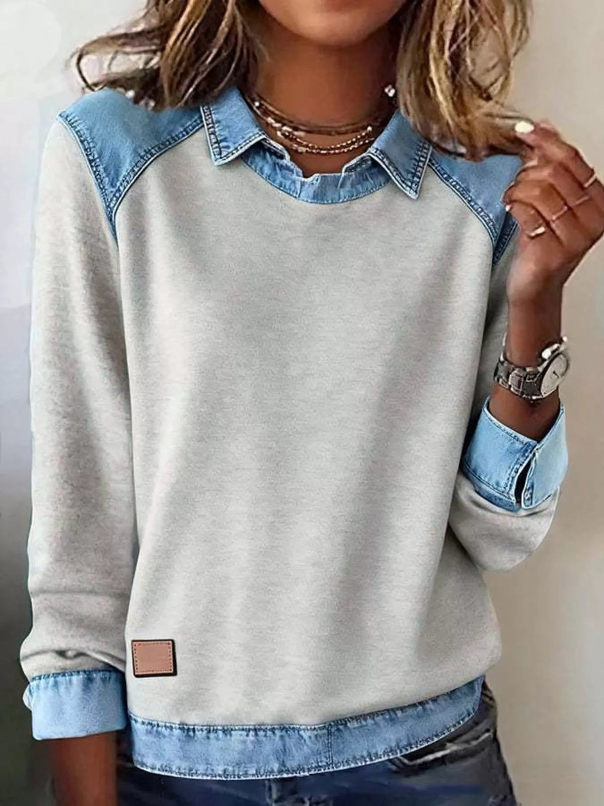 Full Size Denim Trim Long Sleeve Top Plus Size