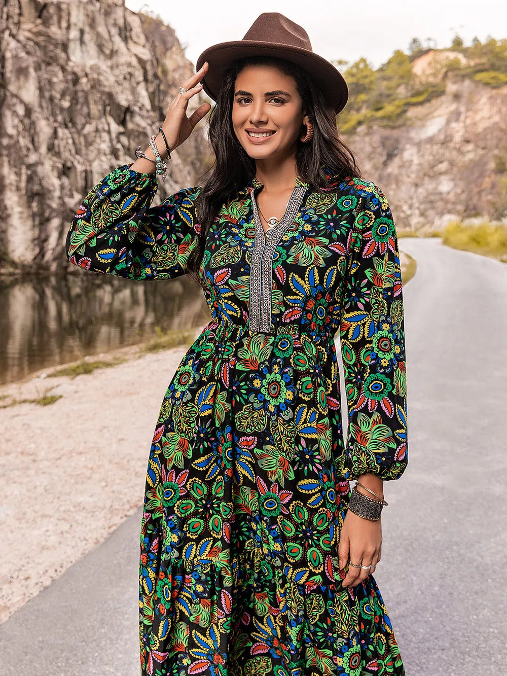 Printed Notched Neck Maxi Dress - Ladyez