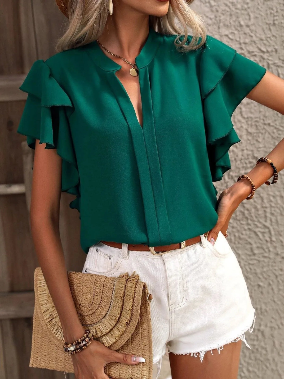 Ruffle Sleeve Notched Blouse - Ladyez