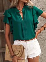 Ruffle Sleeve Notched Blouse - Ladyez