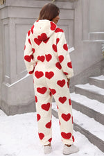 Fuzzy Heart Zip Up Hooded Lounge Jumpsuit - Ladyez