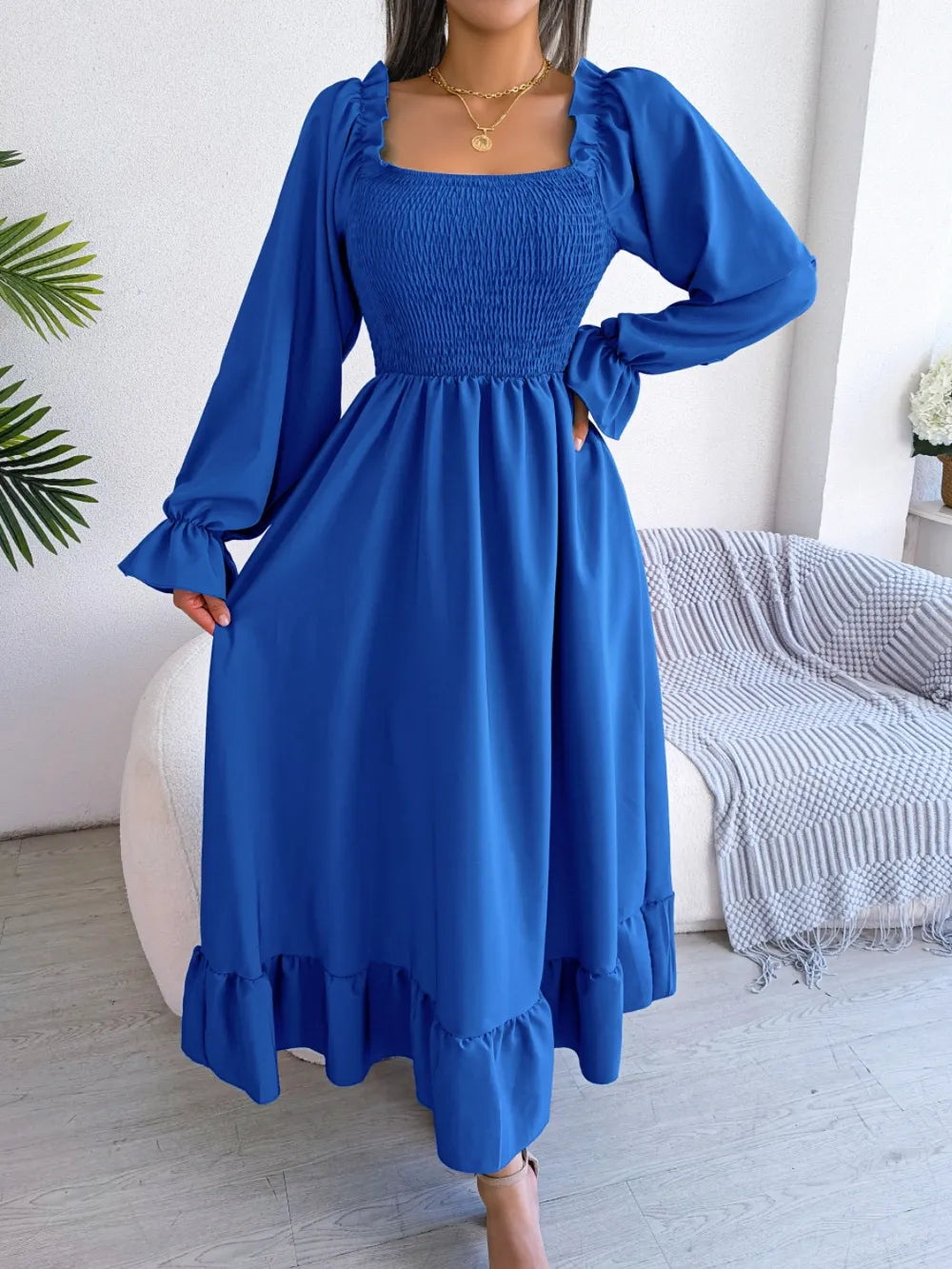 Smocked Square Neck Flounce Sleeve Dress - Ladyez