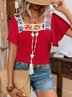Embroidered Square Neck Flutter Sleeve Blouse