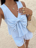 Striped Bowknot Sleeveless Top & Shorts Set