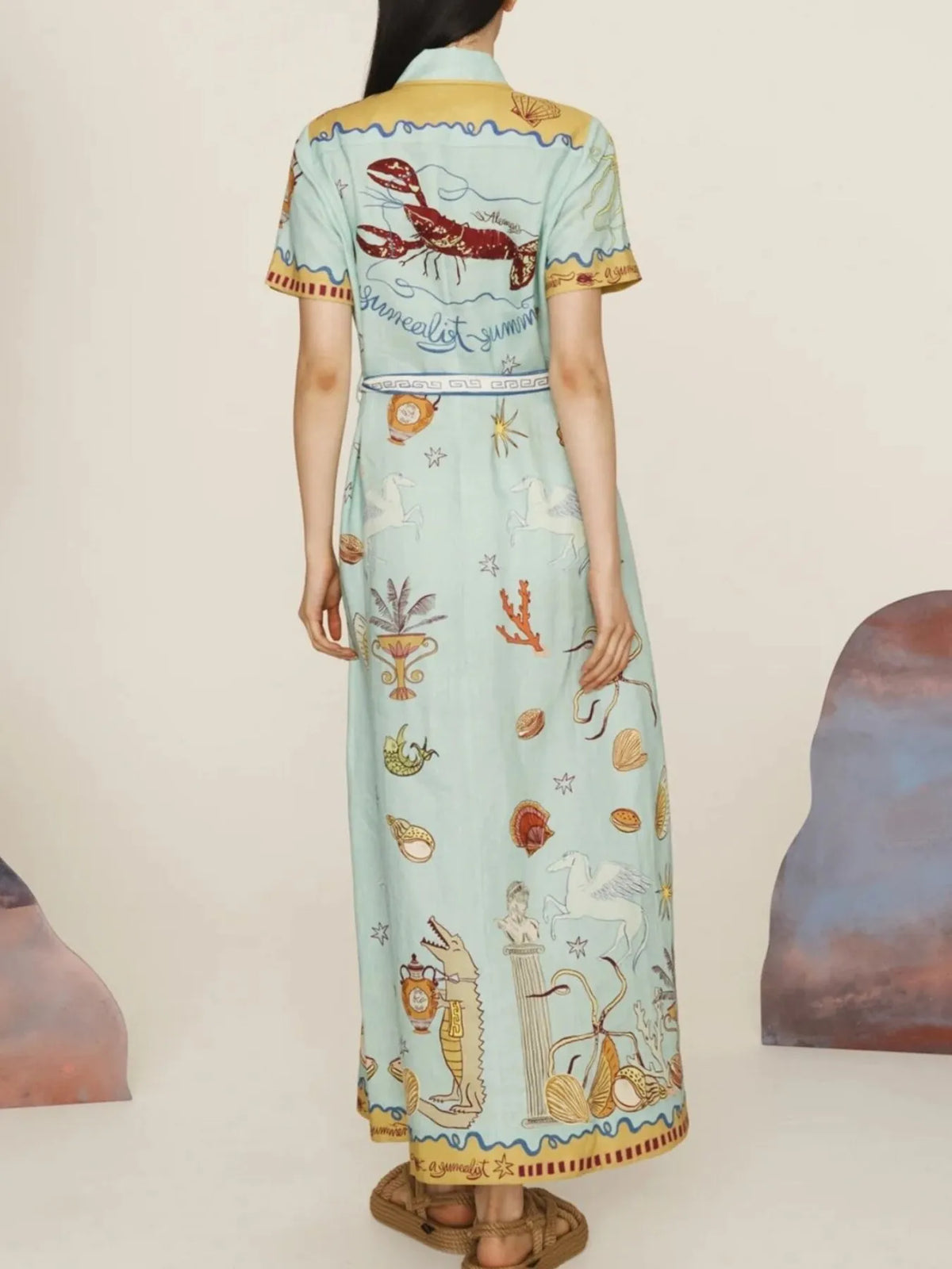 Printed Short Sleeve Maxi Shirt Dress with Belt - Ladyez