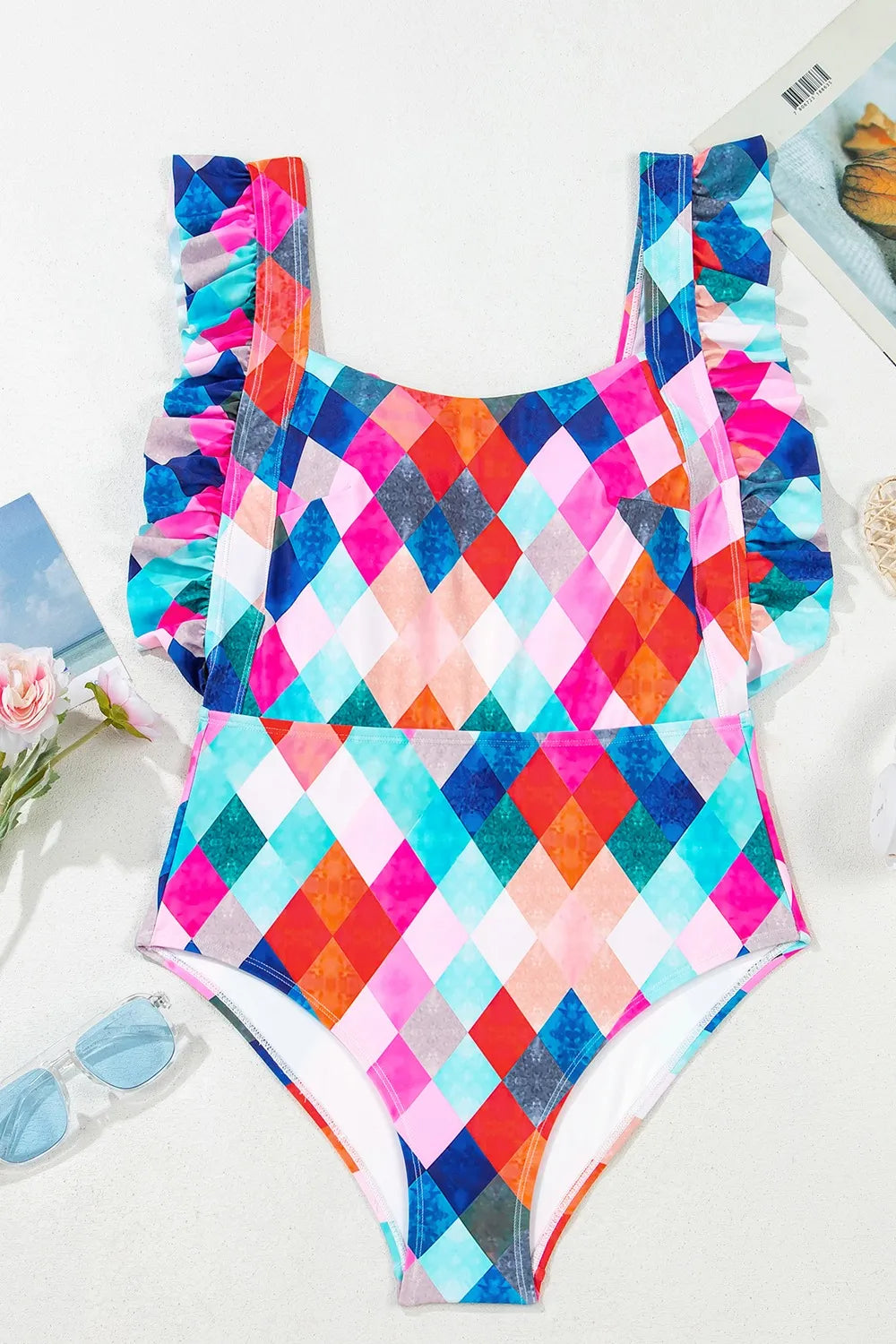 Multicolor Plaid Print Square Neck Frill Sleeveless Backless One-Piece Swimwear - Ladyez