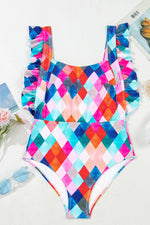 Multicolor Plaid Print Square Neck Frill Sleeveless Backless One-Piece Swimwear - Ladyez
