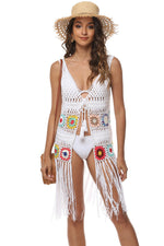 Openwork Fringe Detail Embroidery Sleeveless Cover-Up - Ladyez