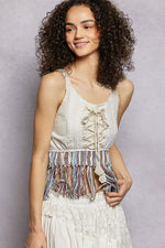 POL Lace-Up Fringe Hem Tank with Lace Detail