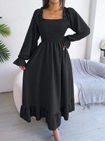 Smocked Square Neck Flounce Sleeve Dress - Ladyez