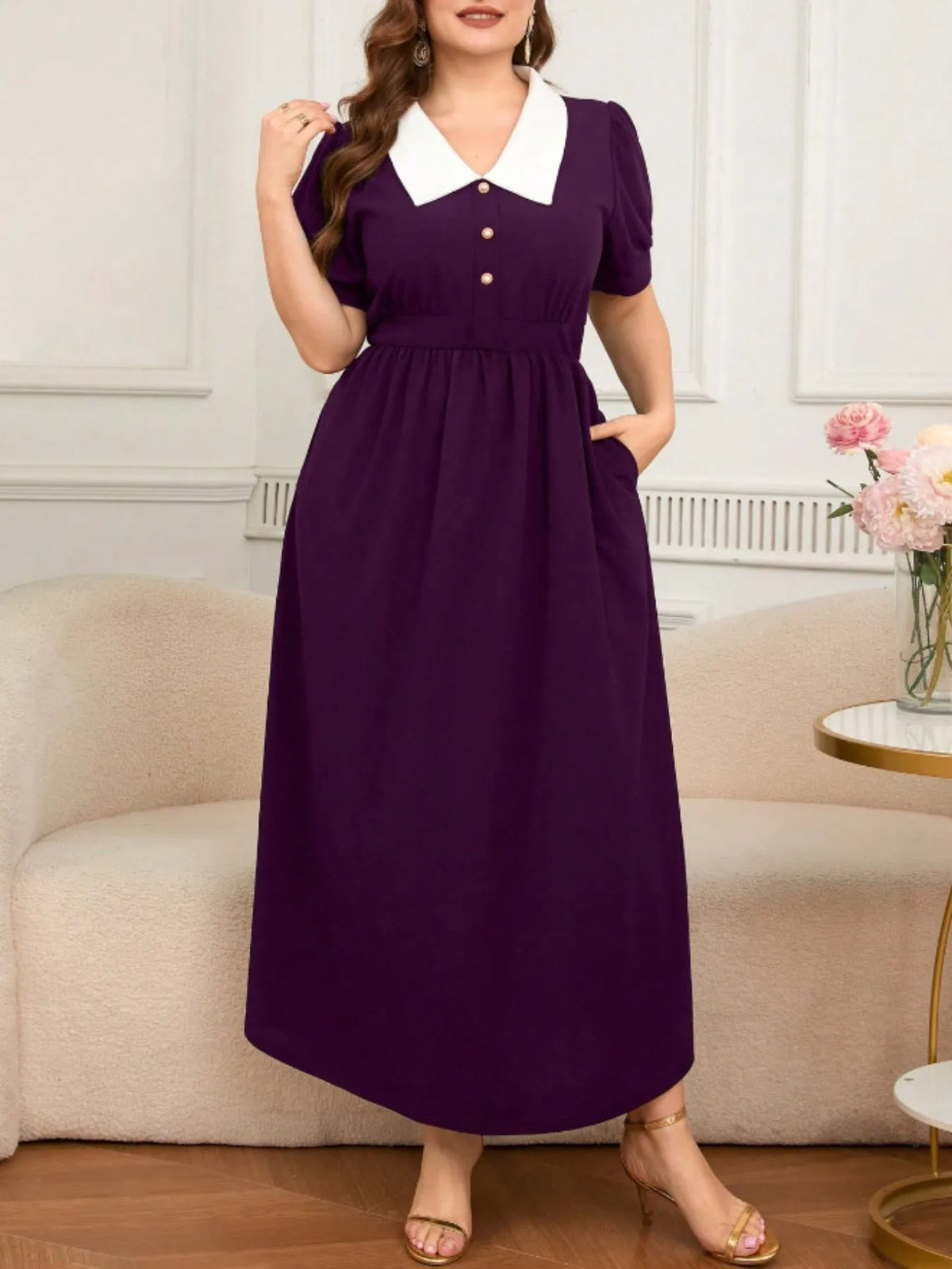 Plus Size Contrast Collar Short Sleeve Dress - Ladyez