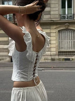 Lace Up Back Eyelet Ruffle Trim Tank