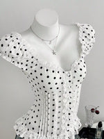 Polka Dot Lace Trim Cap Sleeve Blouse