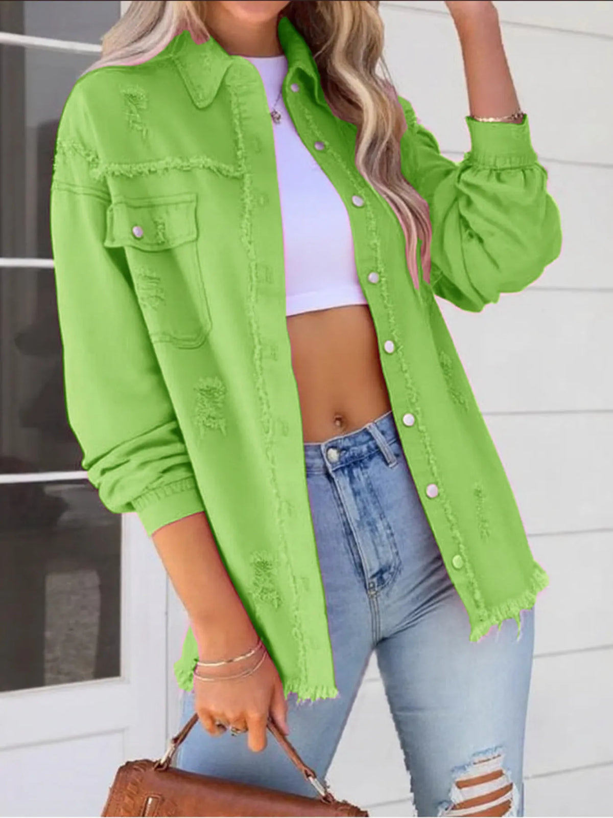 Distressed Denim Jacket with Frayed Edges