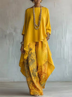 Asymmetrical Hem Top and Floral Pants Set