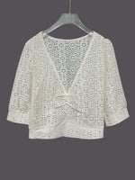 Ruched V-Neck Openwork Crop Knit Top