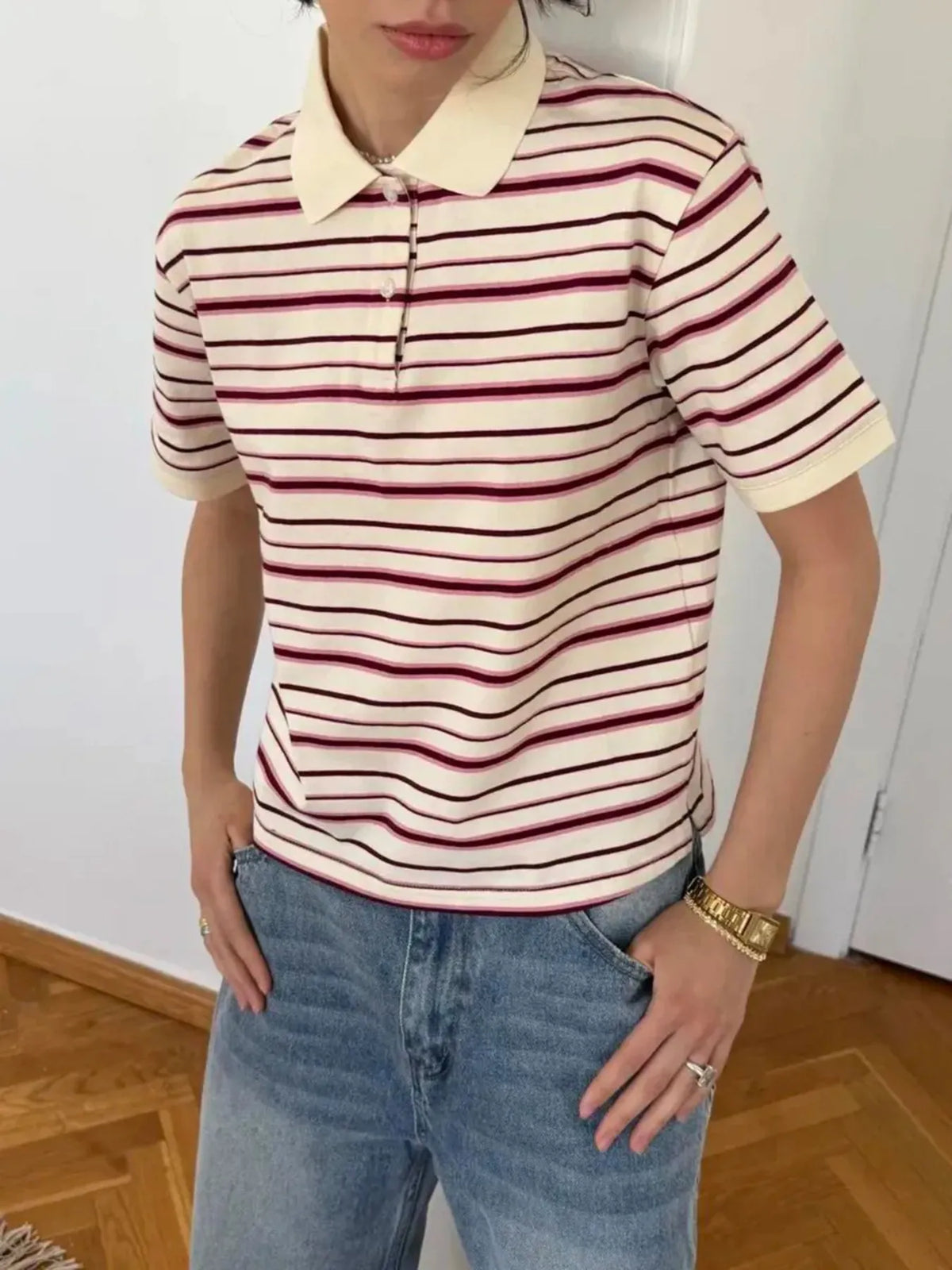 Striped Polo T-Shirt with Contrast Collar - Ladyez