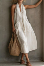 Casual Halter Neck Pocket Midi Dress