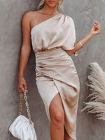 One-Shoulder Satin Wrap Dress with Side Slit - Ladyez