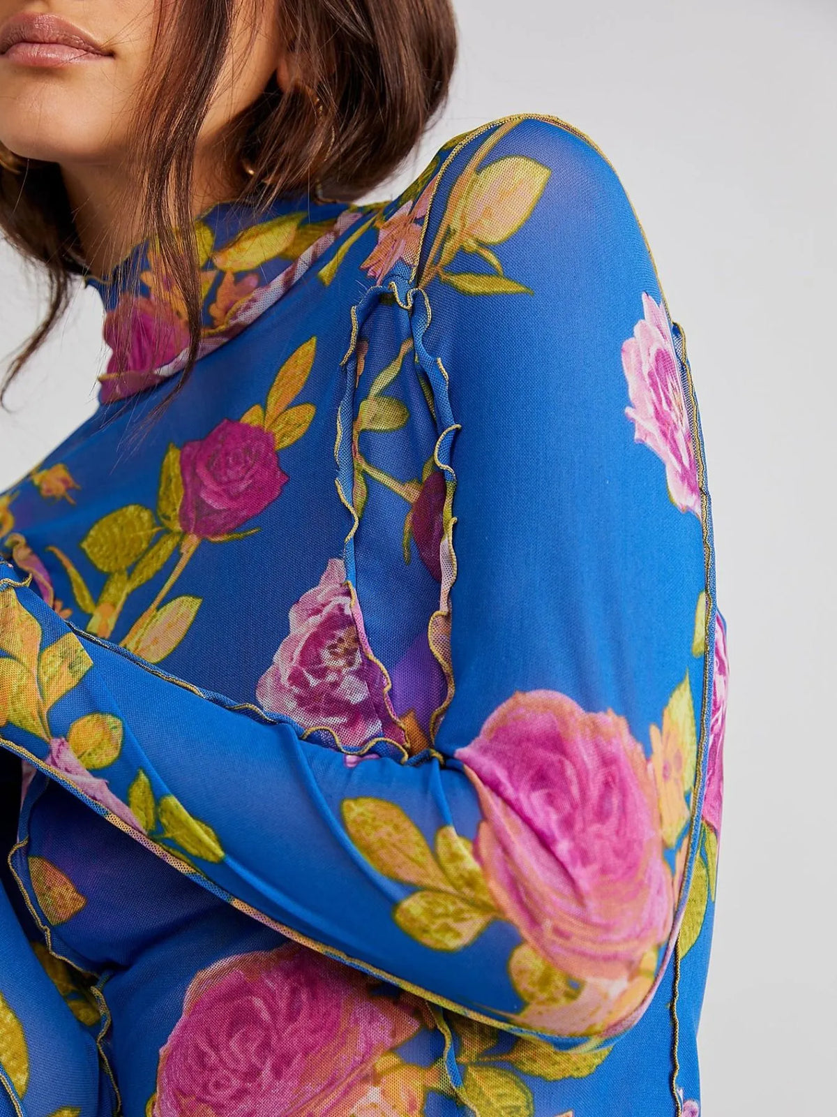 Floral Print Mock Neck Long Sleeve Top - Ladyez