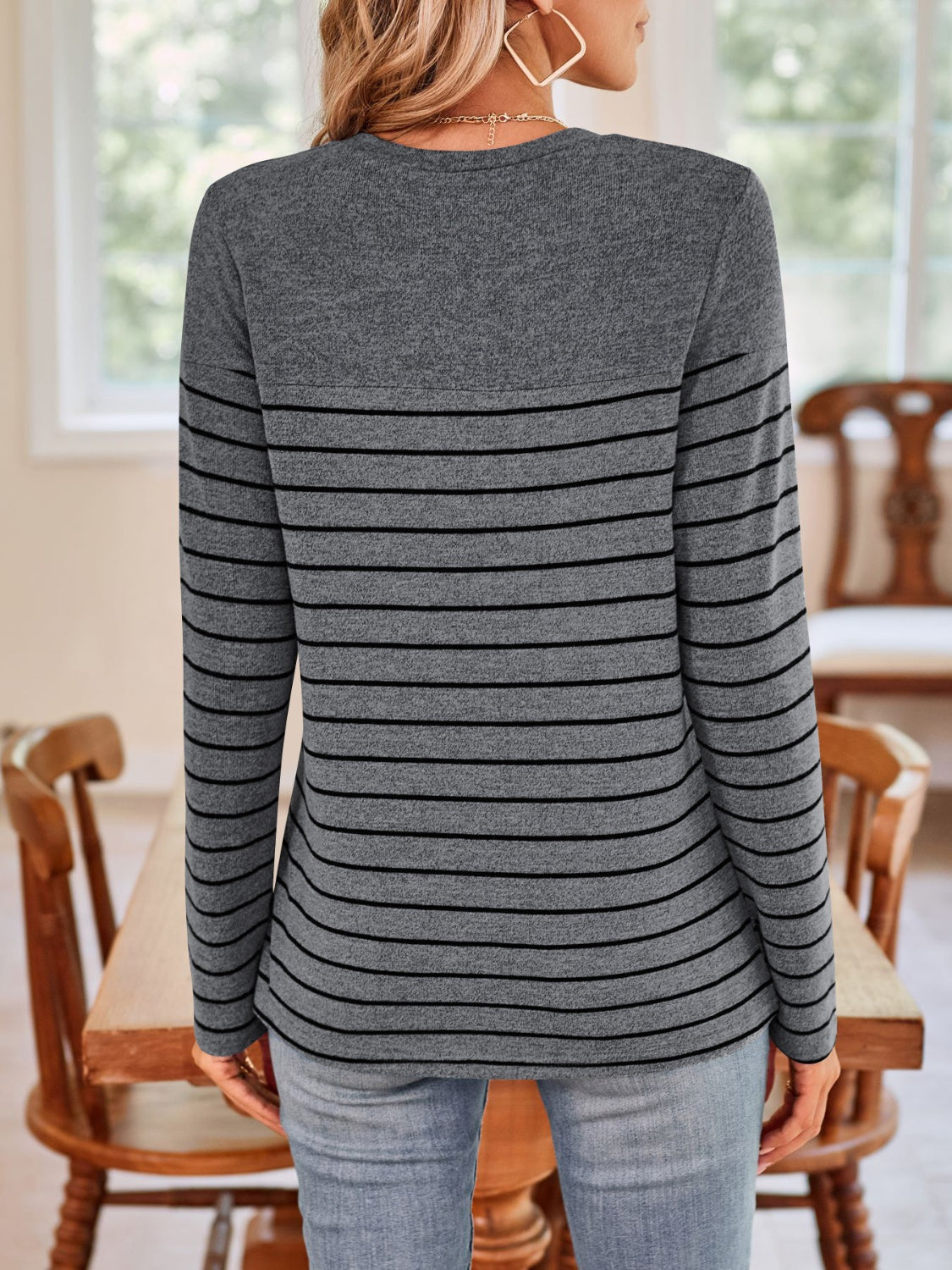 Lovelet Quarter Button Striped Round Neck Long Sleeve T-Shirt - Ladyez