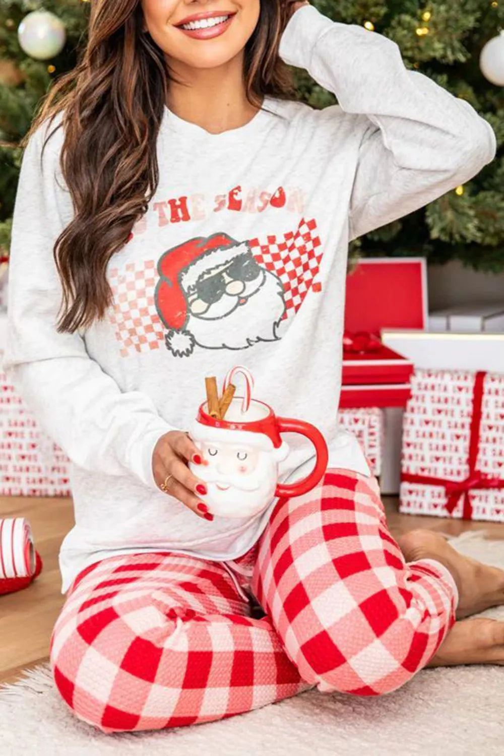 ITS THE SEASON Round Neck Top and Plaid Pants Lounge Set - Ladyez