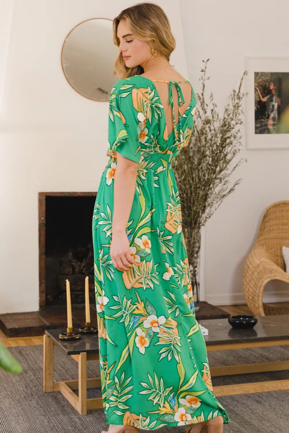 ODDI Full Size Floral Smocked Tied Back Maxi Dress - Ladyez