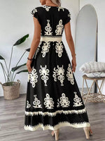Printed V-Neck Ruffled Cap Sleeve Dress