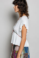 POL Tied Ruffled V-Neck Short Sleeve Blouse with Lace Detail